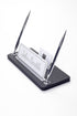 Leather Desk Name Holder with Two Pens Black Chrome Detailed